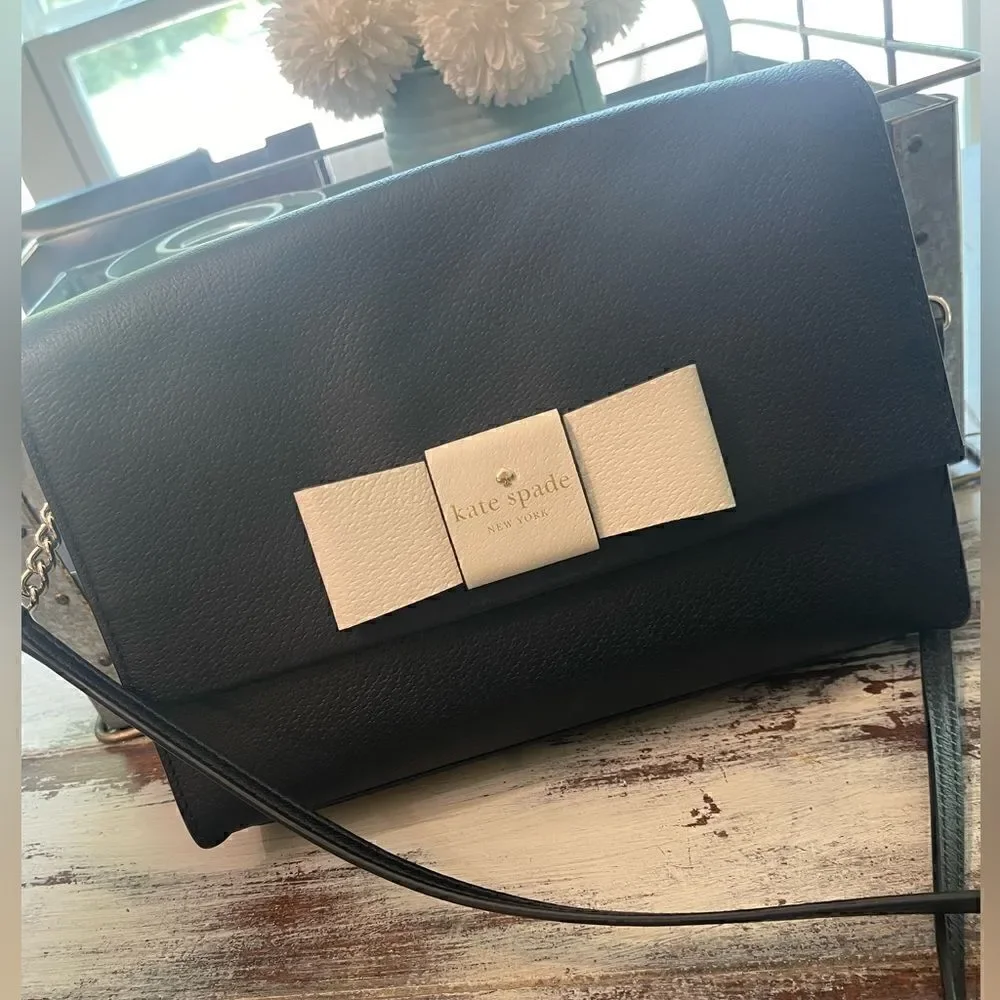 Kate Spade Kirk Park Saffiano Veronique Alek Crossbody Bow Black Beige Bow